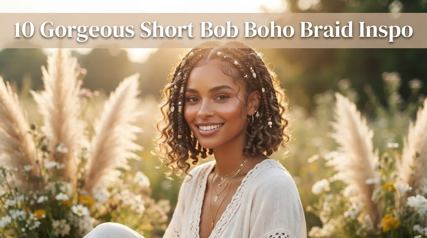 **Feature Image AI Prompt (16:9 Landscape)** **Title Text on Image:** **10 Gorgeous Short Bob Boho Braid Inspo** **AI Prompt:** > **Create a viral Pinterest-worthy, ultra-realistic beauty editorial cover** featuring a stunning woman with a **short bob transformed into gorgeous boho braids**. The hairstyle is the hero of the image—a chic chin-length or shoulder-length bob with **medium boho box braids**, soft curly strands woven throughout, loose spiral curls at the ends, wispy face-framing tendrils, natural volume, and an effortlessly textured finish. The braids are neat, lightweight, and perfectly installed with clean center parting, showcasing a modern bohemian hairstyle that feels trendy, elegant, and wearable. Add subtle **gold braid cuffs, tiny wooden beads, pearl accents, and delicate shell accessories** for a luxurious boho touch. > > Dress the model in a flowy ivory linen dress with crochet details, layered gold necklaces, dainty hoop earrings, and natural glowing makeup with radiant skin. Place her in a dreamy outdoor setting during **golden hour**, surrounded by pampas grass, wildflowers, olive branches, and soft greenery. Warm sunlight creates a magical glow around the hair while the background melts into a creamy cinematic bokeh, making the hairstyle stand out instantly. > > Capture the image as **high-end fashion and beauty photography** using a **professional full-frame DSLR camera with an 85mm f/1.4 portrait lens**, ultra-shallow depth of field, HDR, razor-sharp focus on the braids, crystal-clear hair texture, realistic skin details, balanced exposure, premium editorial composition, Vogue-style beauty photography, photorealistic, **8K Ultra HD**, no blur, no noise, crisp edges, luxurious lighting, flawless styling, and exceptional realism. The composition should be clean with generous negative space and designed to be a **"stop-scrolling" Pinterest cover** that instantly attracts clicks. > > Add elegant luxury typography displaying **"10 Gorgeous Short Bob Boho Braid Inspo"** in a large white modern serif font with a subtle shadow on a soft semi-transparent warm beige banner across the upper third of the image. The final artwork should resemble the cover of a premium beauty magazine—bright, warm, stylish, ultra-sharp, and optimized for Pinterest virality, high CTR, and Google Discover. **Aspect Ratio:** **16:9 (Landscape)** **Style:** Ultra Photorealistic | Warm Golden Hour Light | Luxury Beauty Editorial | Boho Chic | Vogue-Inspired | Pinterest Viral | HDR | 8K Ultra HD | Crystal Clear | No Blur | High Detail | Stop-Scrolling Cover Image